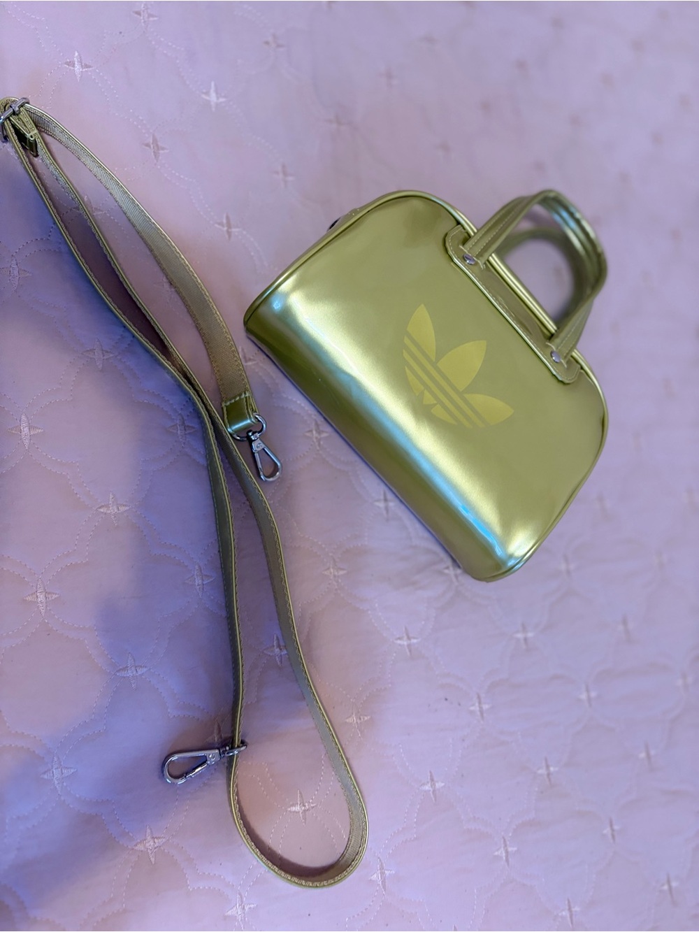 adidas Metallic Light Gold Mini Patent Bowler Bag with Detachable Strap